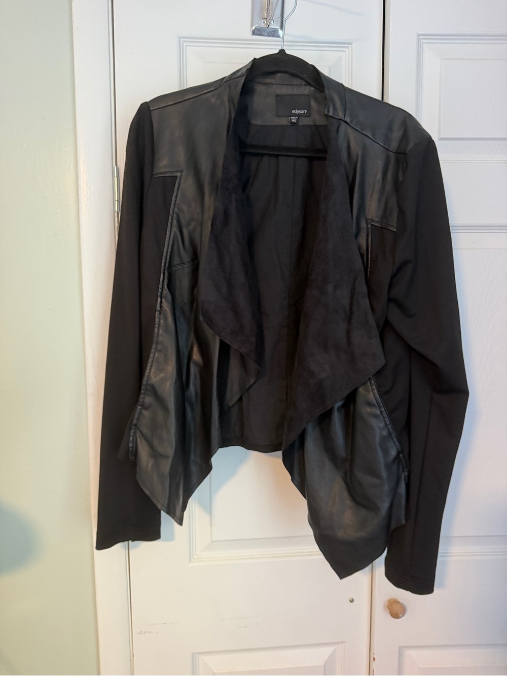 Black Faux Leather Drape-Front Jacket
